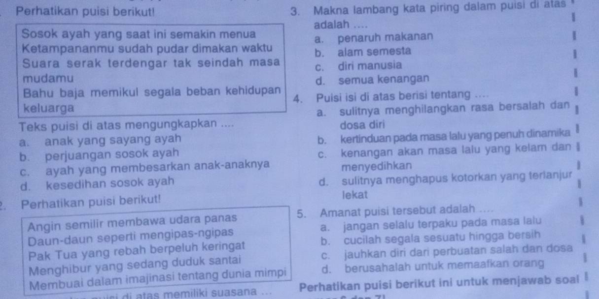 Perhatikan puisi berikut! 3. Makna lambang kata piring dalam puisi di atas
adalah ....
Sosok ayah yang saat ini semakin menua
a. penaruh makanan
Ketampananmu sudah pudar dimakan waktu b. alam semesta
Suara serak terdengar tak seindah masa c. diri manusia
mudamu
d. semua kenangan
Bahu baja memikul segala beban kehidupan
keluarga 4. Puisi isi di atas berisi tentang ….
a. sulitnya menghilangkan rasa bersalah dan
Teks puisi di atas mengungkapkan .... dosa diri
a. anak yang sayang ayah
b. kertinduan pada masa lalu yang penuh dinamika
b. perjuangan sosok ayah
c. kenangan akan masa lalu yang kelam dan
c. ayah yang membesarkan anak-anaknya
menyedihkan
d. kesedihan sosok ayah
d. sulitnya menghapus kotorkan yang terianjur
. Perhatikan puisi berikut!
lekat
Angin semilir membawa udara panas 5. Amanat puisi tersebut adalah ..
Daun-daun seperti mengipas-ngipas a. jangan selalu terpaku pada masa lalu
Pak Tua yang rebah berpeluh keringat b. cucilah segala sesuatu hingga bersih
Menghibur yang sedang duduk santai c. jauhkan diri dari perbuatan salah dan dosa
Membuai dalam imajinasi tentang dunia mimpi d. berusahalah untuk memaafkan orang
i a tas memiliki suasana .. Perhatikan puisi berikut ini untuk menjawab soal