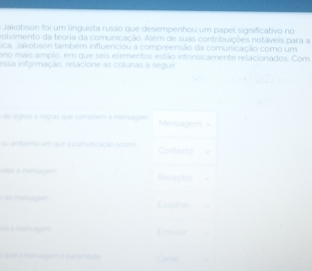 Jakobson foi um linguista russo que desempenhou um papel significativo no 
volvimento da teoria da comunicação. Além de suas contribuições notáveis para a 
ica, Jakobson também influenciou a compreensão da comunicação como um 
eno mais amplo, em que seis elementos estão intrinsicamente relacionados. Com 
essa informação, relacione as colunas a seguir. 
de signos e regras que compõem a mensagem Mensagem 
ou ambiente em que a comunicação ocone Contexto 
cobe à mensagon Receptor 
da monsagon Escolnel 
ve à mersugem Emissor 
é quar a menagom e tansmitda Canal