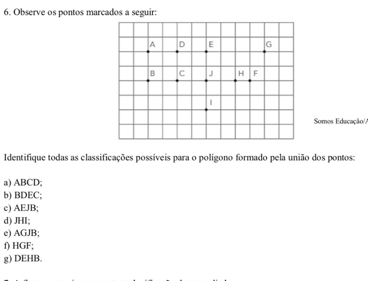 Observe os pontos marcados a seguir:
Somos Educação/A
Identifique todas as classificações possíveis para o polígono formado pela união dos pontos:
a) ABCD;
b) BDEC;
c) AEJB;
d) JHI;
e) AGJB;
f) HGF;
g) DEHB.