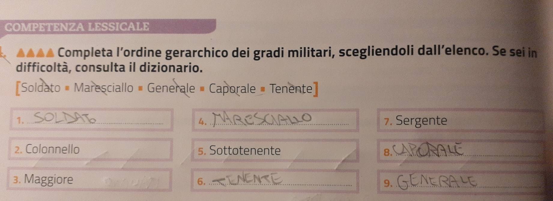 COMPETENZA LESSICALE 
▲▲▲▲ Completa l’ordine gerarchico dei gradi militari, scegliendoli dall’elenco. Se sei in 
difficoltà, consulta il dizionario. 
[Soldato # Maresciallo # Generale # Caporale # Tenente] 
1._ 
4._ 7. Sergente 
2. Colonnello s. Sottotenente 8._ 
3. Maggiore 6. _9、_