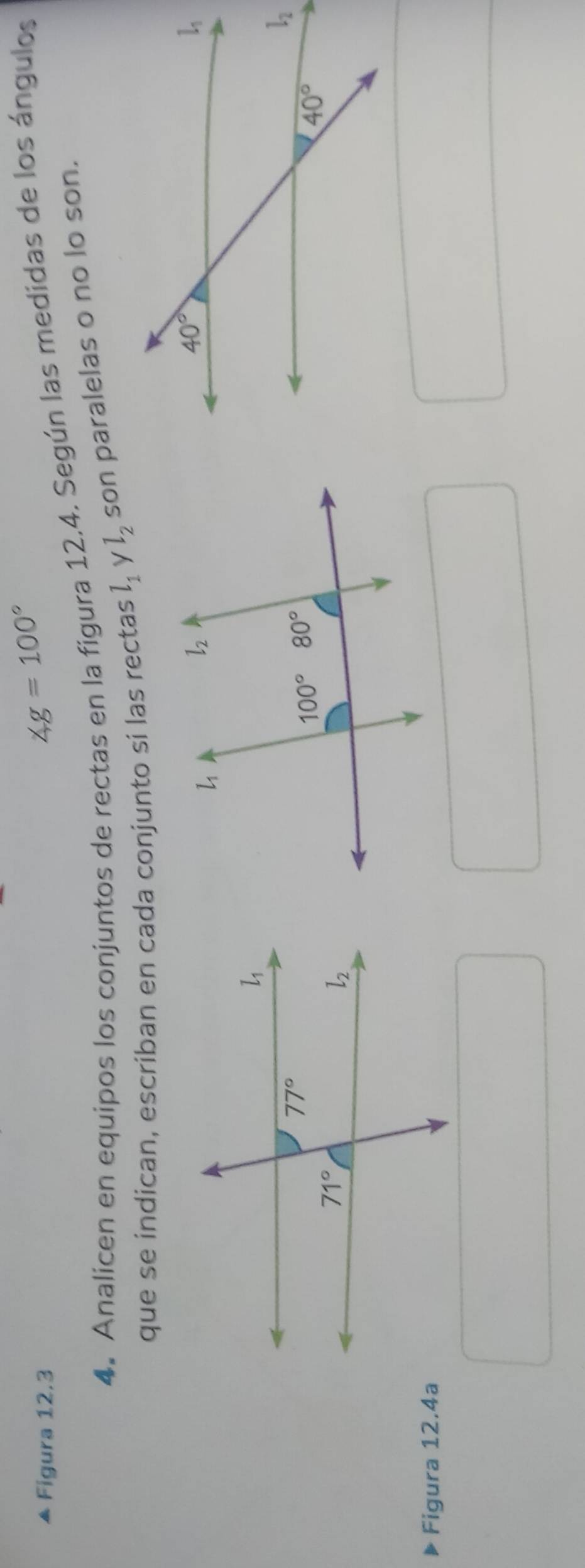 Figura 12.3
∠ g=100°
4. Analicen en equipos los conjuntos de rectas en la figura 12.4. Según las medidas de los ángulos
que se indican, escriban en cada conjunto sí las rectas l_1 y l_2 son paralelas o no lo son.
Figura 12.4a