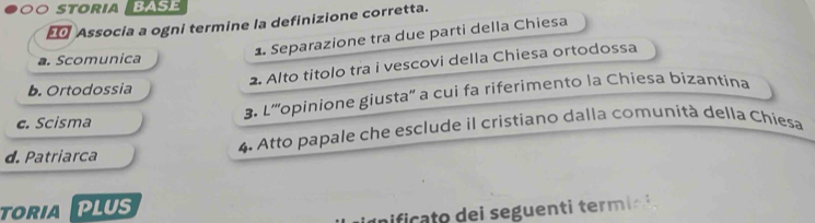 ○O STORIA BASE
Associa a ogni termine la definizione corretta.
1. Separazione tra due parti della Chiesa
a. Scomunica
2. Alto titolo tra i vescovi della Chiesa ortodossa
b. Ortodossia
3. L'''opinione giusta'' a cui fa riferimento la Chiesa bizantina
c. Scisma
d. Patriarca 4. Atto papale che esclude il cristiano dalla comunità della Chiesa
TORIA PLUS
nf c o s g u trm