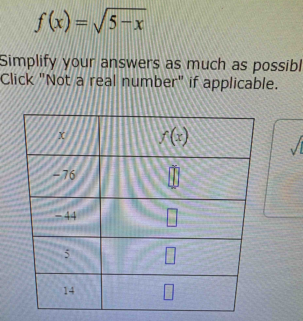 f(x)=sqrt(5-x)
Simplify your answers as much as possibl
Click "Not a real number" if applicable.
sqrt()