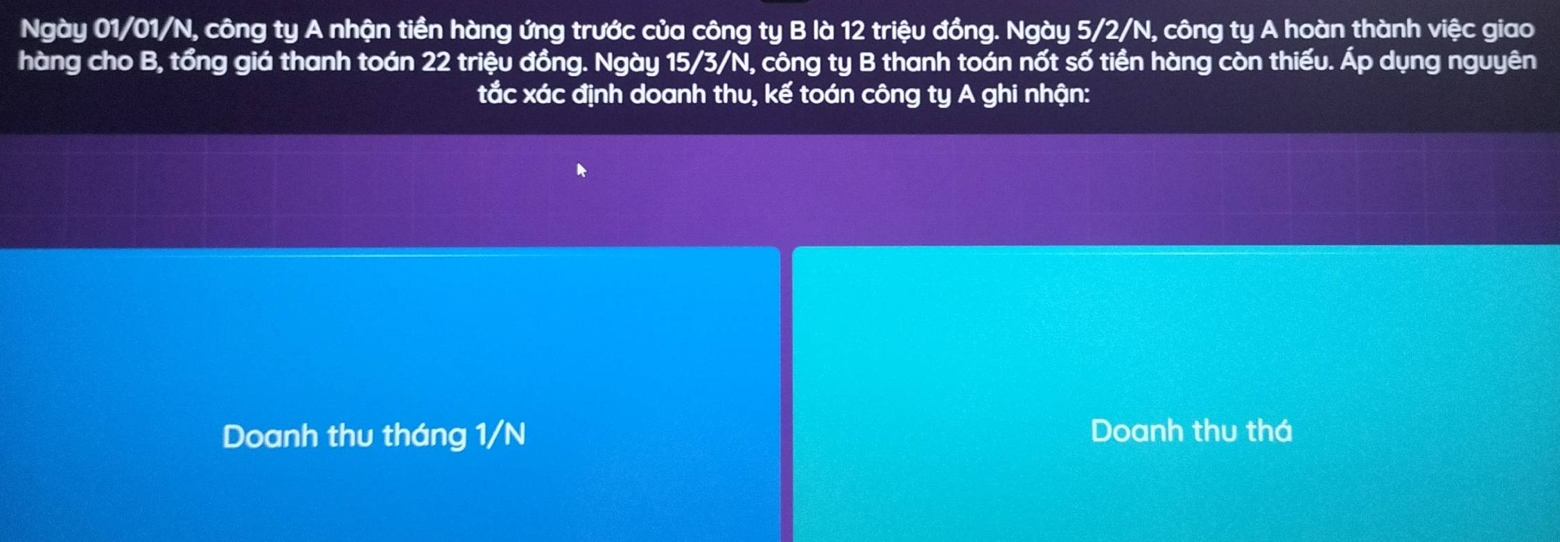 Ngày 01/01/N, công ty A nhận tiền hàng ứng trước của công ty B là 12 triệu đồng. Ngày 5/2/N, công ty A hoàn thành việc giao 
hàng cho B, tổng giá thanh toán 22 triệu đồng. Ngày 15/3/N, công ty B thanh toán nốt số tiền hàng còn thiếu. Áp dụng nguyên 
tắc xác định doanh thu, kế toán công ty A ghi nhận: 
Doanh thu tháng 1/N Doanh thu thá