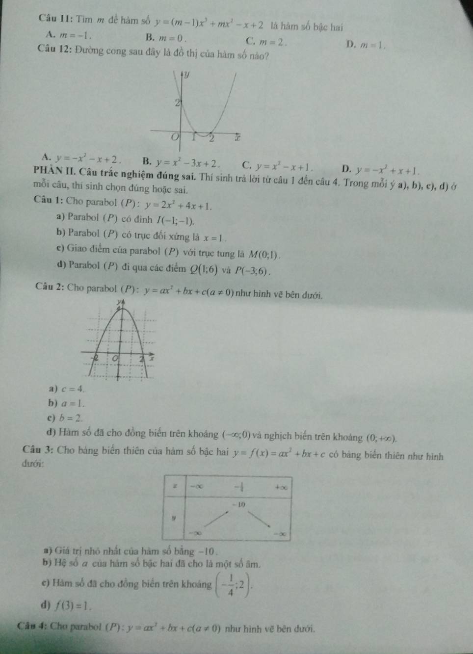 Tìm m để hàm số y=(m-1)x^3+mx^2-x+2 là hàm số bậc hai
A. m=-1. B. m=0. C. m=2. D. m=1,
Câu 12: Đường cong sau đây là đồ thị của hàm số nào?
A. y=-x^2-x+2. B. y=x^2-3x+2. C. y=x^2-x+1. D. y=-x^2+x+1.
PHÀN II. Câu trắc nghiệm đúng sai. Thí sinh trả lời từ câu 1 đến câu 4. Trong mỗi ý a), b), c), d) ở
mỗi câu, thí sinh chọn đúng hoặc sai.
Câu 1: Cho parabol (P):y=2x^2+4x+1.
a) Parabol (P) có đinh I(-1;-1).
b) Parabol (P) có trục đối xứng là x=1.
e) Giao điểm của parabol (P) với trục tung là M(0;1).
d) Parabol (P) đi qua các điểm Q(1;6) và P(-3;6).
Câu 2: Cho parabol (P):y=ax^2+bx+c(a!= 0) như hình vẽ bên dưới.
a) c=4.
b) a=1.
c) b=2.
d) Hàm số đã cho đồng biến trên khoảng (-∈fty ;0) và nghịch biến trên khoảng (0;+∈fty ).
Câu 3: Cho bảng biển thiên của hàm số bậc hai y=f(x)=ax^2+bx+c có bảng biến thiên như hình
đưới:
a) Giá trị nhỏ nhất của hàm số bằng −10.
bộ Hệ số a của hám số bậc hai đã cho là một số âm.
c) Hàm số đã cho đồng biến trên khoáng (- 1/4 ;2).
d) f(3)=1.
Câu 4: Cho parabol (P):y=ax^2+bx+c(a!= 0) như hình vẽ bên dưới.