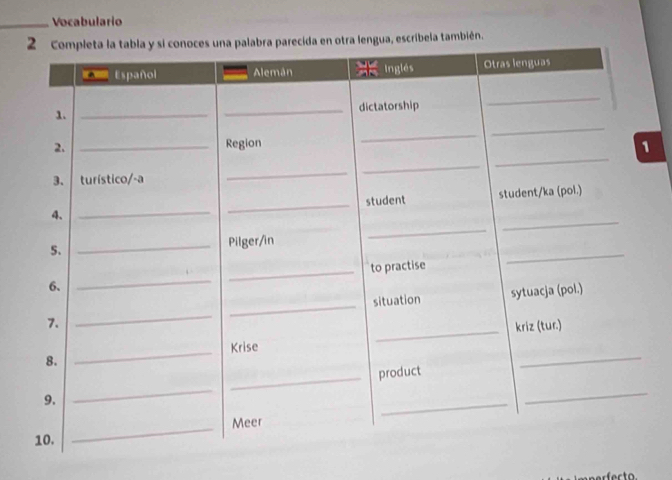 Vocabulario 
ua, escríbela también. 
fecto