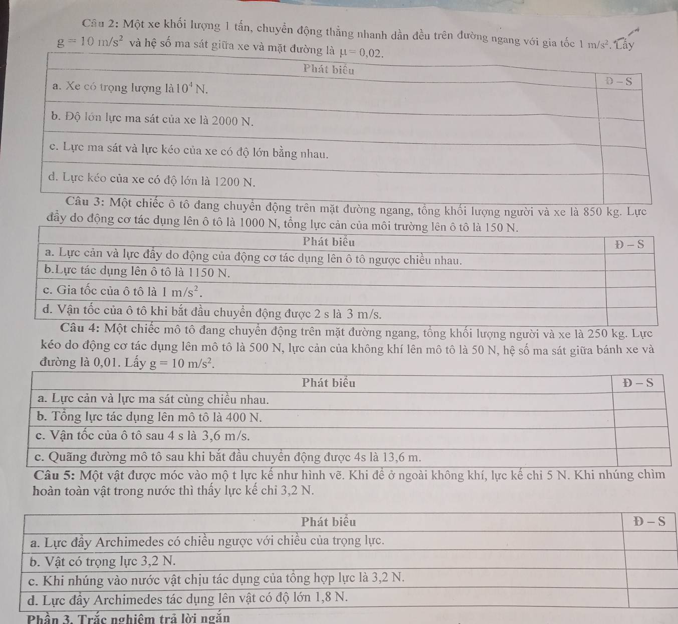 Một xe khối lượng 1 tấn, chuyển động thằng nhanh dần đều trên đường ngang với gia tốc 1m/s^2. Lây
g=10m/s^2 và hệ số ma sát giữa xe
g, tồng khối lượng người và xe là 850 kg. Lực
đầy do động cơ tác dụng lên ô tô là 1000 N, tổng lực cản
ngang, tổng khối lượng người và xe là 250 kg. Lực
kéo do động cơ tác dụng lên mô tô là 500 N, lực cản của không khí lên mô tô là 50 N, hệ số ma sát giữa bánh xe và
đường là 0,01. Lấy g=10m/s^2.
Câu 5: Một vật được móc vào mộ t lực kế như hình vẽ. Khi để ở ngoài không khí, lực kế chỉ 5 N. Khi nhúng chìm
hoàn toàn vật trong nước thì thấy lực kế chỉ 3,2 N.
Phần