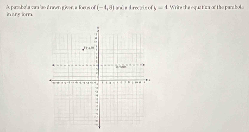 A parabola can be drawn given a focus of (-4,8) and a directrix of y=4. Write the equation of the parabola
in any form.