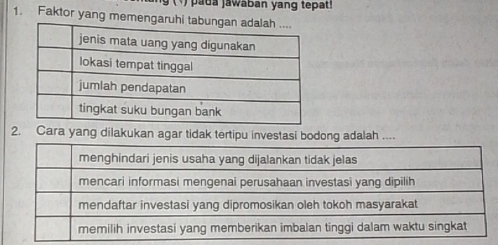 pada jawaban yang tepat! 
1. Faktor yang memen 
2. Cara yang dilakukan agar tidak tertipu investasi bodong adalah ....