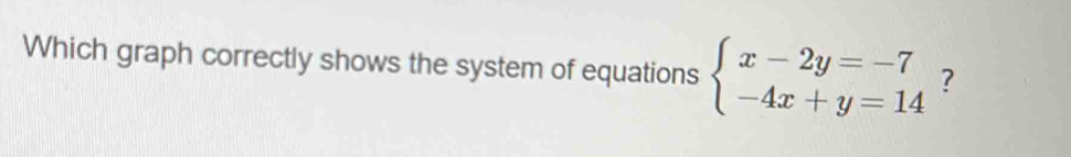 Which graph correctly shows the system of equations beginarrayl x-2y=-7 -4x+y=14endarray. ?