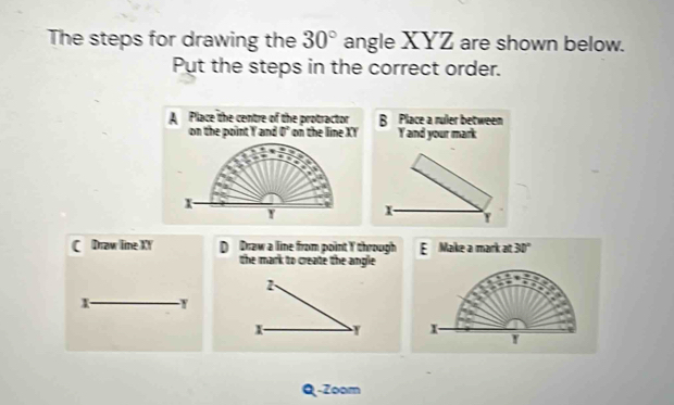 The steps for drawing the 30° angle XYZ are shown below.
Put the steps in the correct order.
A Place the centre of the protractor B Place a ruler between
on the point Y and D^ on the line XY Y and your mark
I
C Draw lime XY D Draw a line from point Y through E Make a mark at. 30°
the mark to create the angle
1
r Y
I Y
Q-Zoom