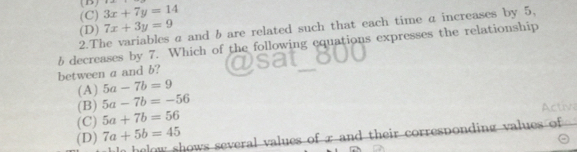 (C) 3x+7y=14
2.The variables a and b are related such that each time a increases by 5,
(D) 7x+3y=9
b decreases by 7. Which of the following equations expresses the relationship
between a and b?
(A) 5a-7b=9
(B) 5a-7b=-56
Active
(C) 5a+7b=56
(D) 7a+5b=45
helow shows several values of r and their corresponding values of