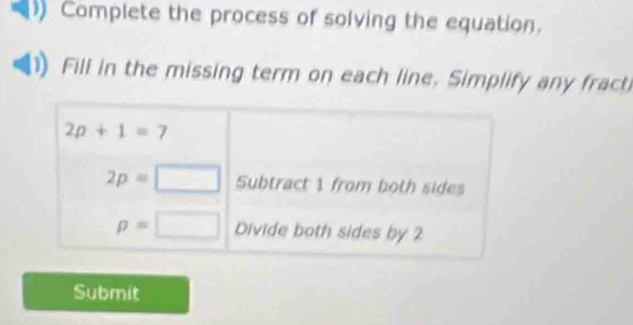 Complete the process of solving the equation.
Fill in the missing term on each line. Simplify any fract
Submit