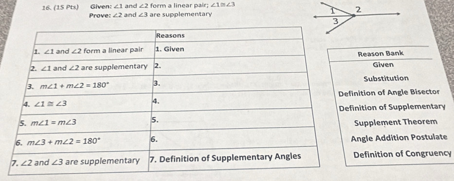 Given: ∠ 1 and ∠ 2 form a linear pair; ∠ 1≌ ∠ 3
Prove: ∠ 2 and ∠ 3 are supplementary
Reason Bank
Given
Substitution
ition of Angle Bisector
ition of Supplementary
upplement Theorem
ngle Addition Postulate
efinition of Congruency