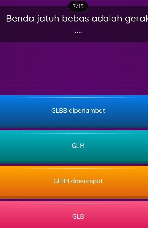 7/15
Benda jatuh bebas adalah geral
GLBB diperlambat
GLM
GLBB dipercepat
LB