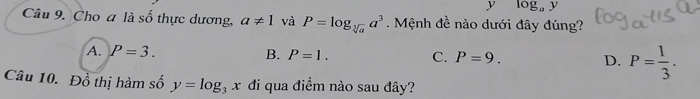 log _ay
Câu 9. Cho a là số thực dương, a!= 1 và P=log _sqrt[3](a)a^3. Mệnh đề nào dưới đây đúng?
A. P=3. B. P=1. C. P=9. D. P= 1/3 . 
Câu 10. Đồ thị hàm số y=log _3x đi qua điểm nào sau đây?