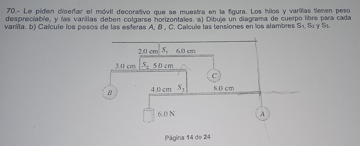 70.- Le piden diseñar el móvil decorativo que se muestra en la figura. Los hilos y varillas tienen peso
despreciable, y las varillas deben colgarse horizontales. a) Dibuje un diagrama de cuerpo libre para cada
varilla. b) Calcule los pesos de las esferas A, B , C. Calcule las tensiones en los alambres S_1,S_2 y S_3.
Página 14 de 24