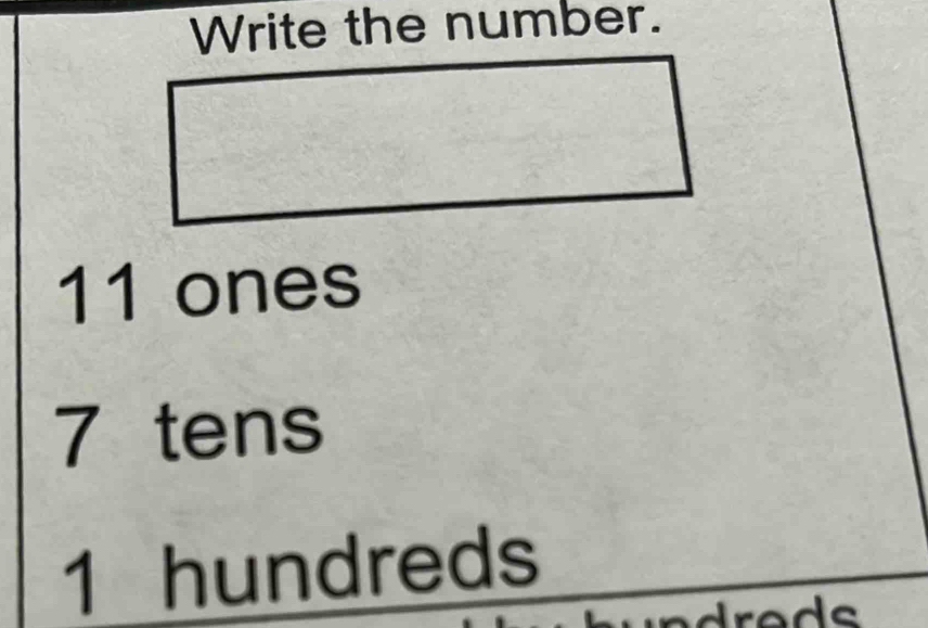 Write the number.
11 ones
7 tens
1 hundreds