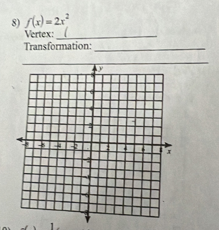 f(x)=2x^2
Vertex:_ 
Transformation:_ 
1