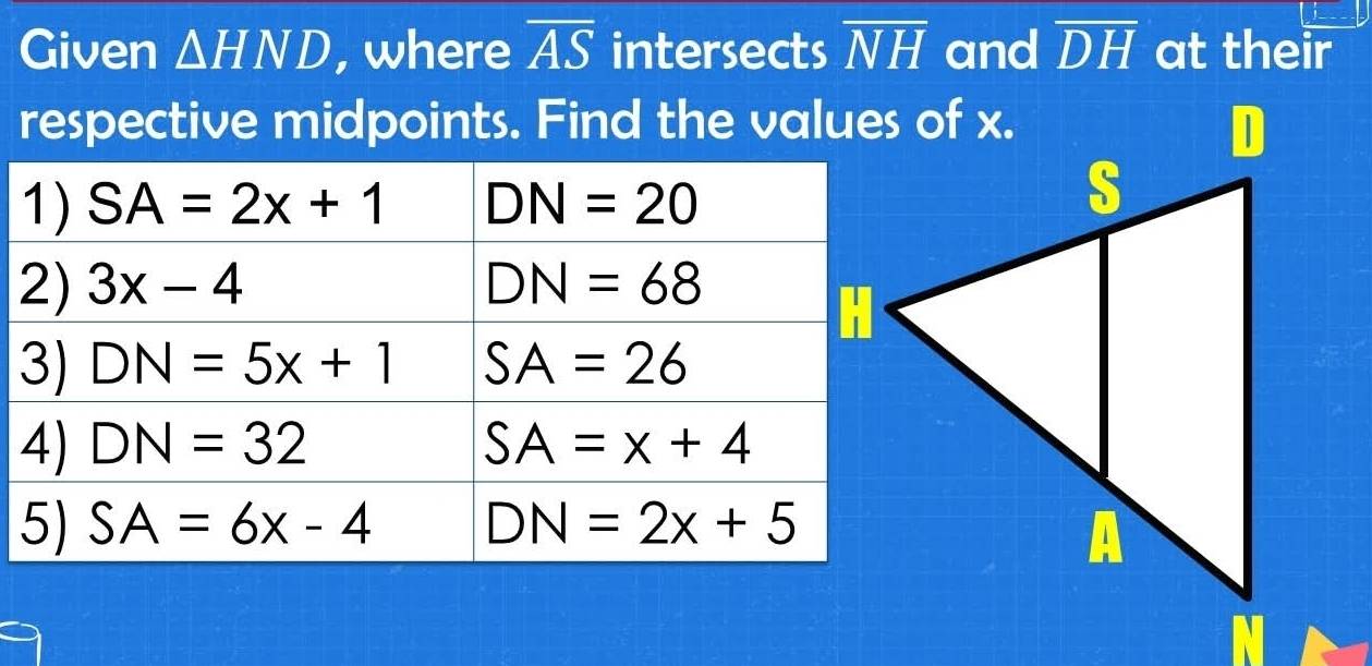 Given △ HND , where overline AS intersects overline NH and overline DH at their
respective midpoints. Find the values of x.