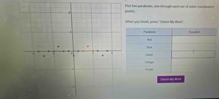 lot five parabolas, one through each set of color-coordinated 
oints. 
hen you finish, press "Check My Work". 
Check My Work