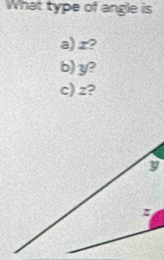 What type of angle is 
a) r? 
b) y? 
c) z?