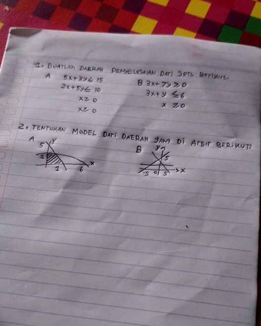 BUATLAN DAERAH PENSELESAIAN DATI SPTL BerIUE. 
A 5x+3y≤ 15 B 3x+7y≥ 0
2x+5y≤ 10
x≥slant 0
3x+y≤ 6
x≥slant 0
x≥slant 0
2. TENTULAN MODEL DATI DAERAH JANg DI AFSIT BERINUT! 
A Y
5
2
X
2 6