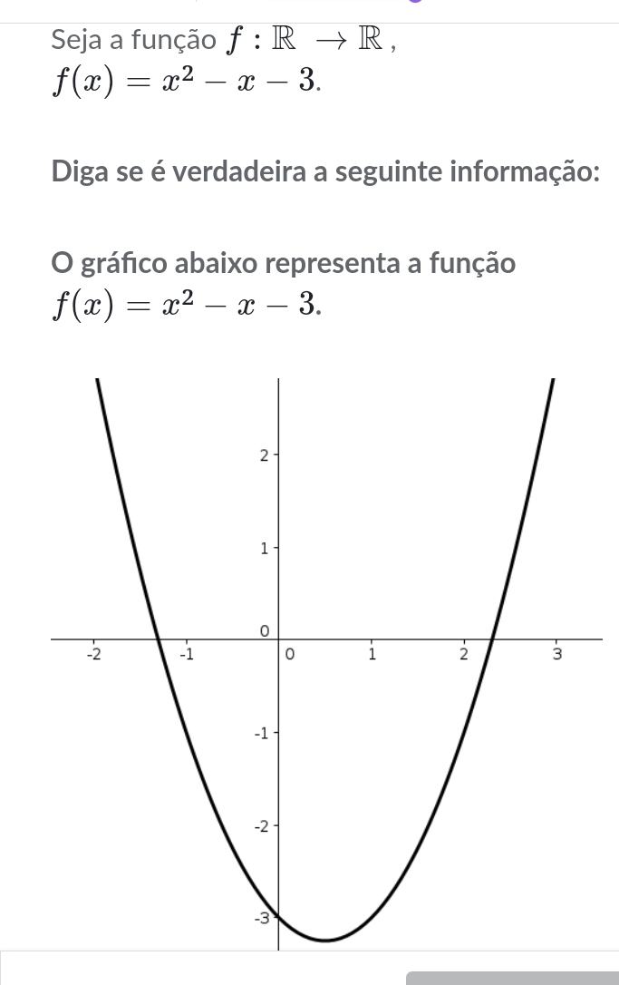 Seja a função f:Rto R,
f(x)=x^2-x-3. 
Diga se é verdadeira a seguinte informação:
O gráfico abaixo representa a função
f(x)=x^2-x-3.