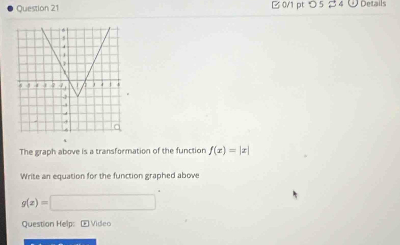 つ 5 24 U Details
The graph above is a transformation of the function f(x)=|x|
Write an equation for the function graphed above
g(x)=
Question Help: Video