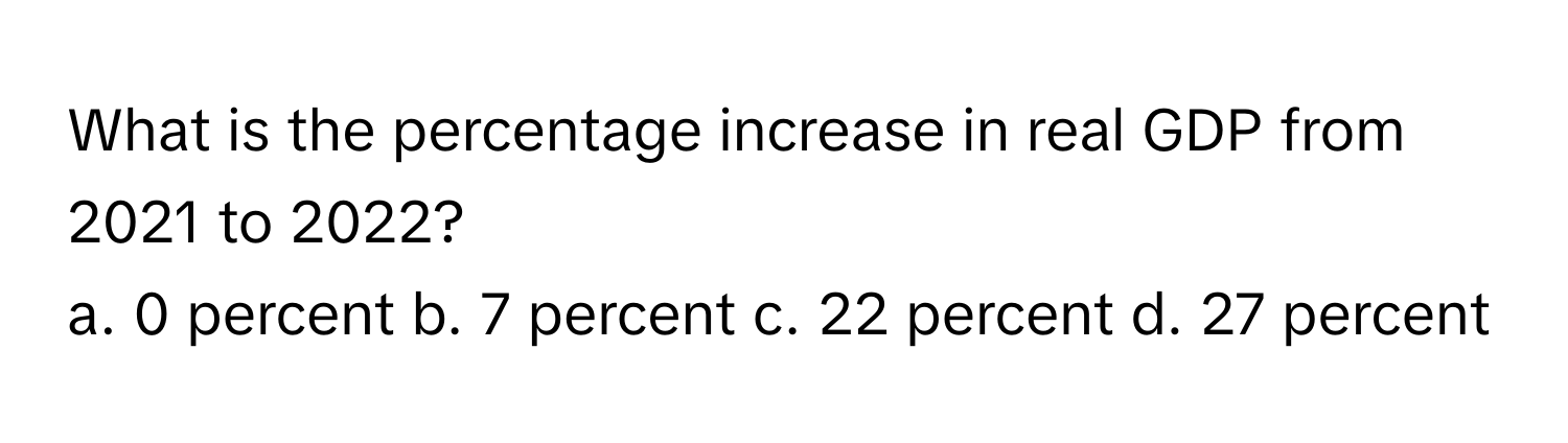 What is the percentage increase in real GDP from 2021 to 2022?
a. 0 percent b. 7 percent c. 22 percent d. 27 percent