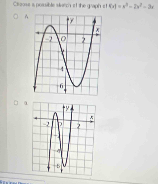 Choose a possible sketch of the graph of f(x)=x^3-2x^2-3x
A 
B. 
Roviow n