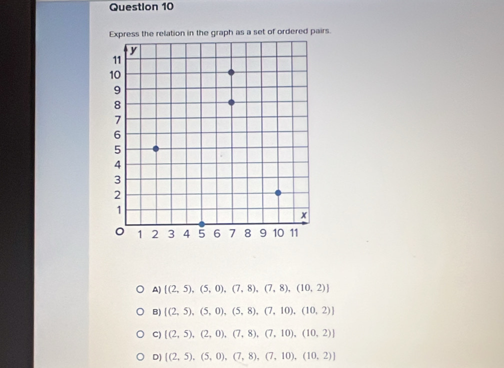 Express the relation in the graph as a set of ordered pairs.
A)  (2,5),(5,0),(7,8),(7,8),(10,2)
B)  (2,5),(5,0),(5,8),(7,10),(10,2)
C)  (2,5),(2,0),(7,8),(7,10),(10,2)
D)  (2,5),(5,0),(7,8),(7,10),(10,2)