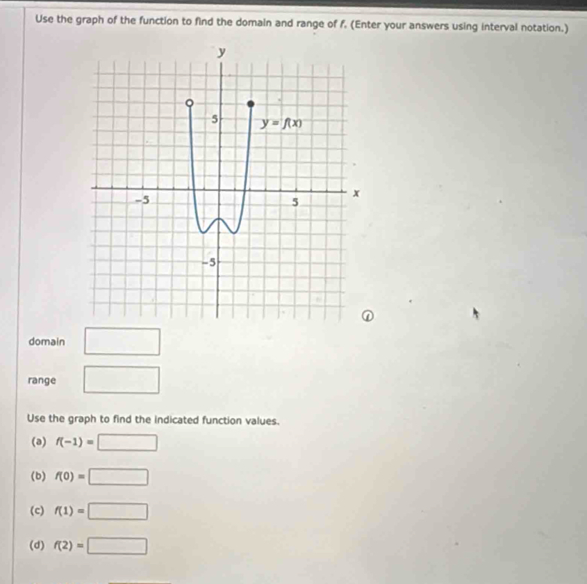 Use the graph of the function to find the domain and range of f. (Enter your answers using interval notation.)
domain
∴ △ ADC)△ ACD
range □
Use the graph to find the indicated function values.
(a) f(-1)=□
(b) f(0)=□
(c) f(1)=□
(d) f(2)=□