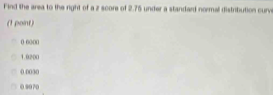 Find the area to the right of a z score of 2.75 under a standard normal distribution curve
(1 point)
() (()()()
1.0200
0 0030
0 9970