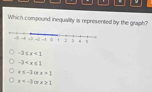 Which compound inequality is represented by the graph?
-3≤ x<1</tex>
-3
x≤ -3 or x>1
x or x≥ 1