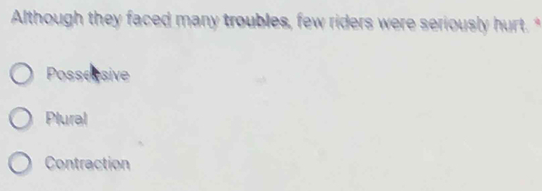 Although they faced many troubles, few riders were seriously hurt. *
Possessive
Plural
Contraction