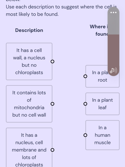 Use each description to suggest where the cell is 
most likely to be found.
Where i
Description
foun
It has a cell
wall, a nucleus
but no
chloroplasts In a pla
root
It contains lots
of In a plant
mitochondria leaf
but no cell wall
In a
It has a human
nucleus, cell muscle
membrane and
lots of
chloroplasts