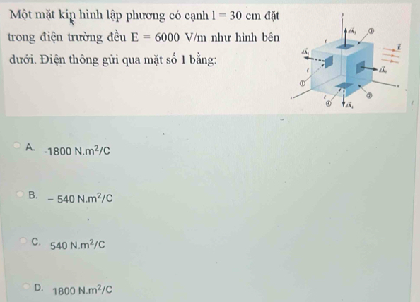 Một mặt kín hình lập phương có cạnh 1=30cm đặt
trong điện trường đều E=6000 V/m như hình bên
đưới. Điện thông gửi qua mặt số 1 bằng:
A. -1800N.m^2/C
B. -540N.m^2/C
C. 540N.m^2/C
D. 1800N.m^2/C