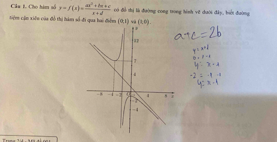 Cho hàm số y=f(x)= (ax^2+bx+c)/x+d  có đồ thị là đường cong trong hình vẽ dưới đãy, biết đường 
tiệm cận xiên của đồ thị hàm số đi qua hai điểm (0;1) và (1;0). 
Trano 244 -Mã