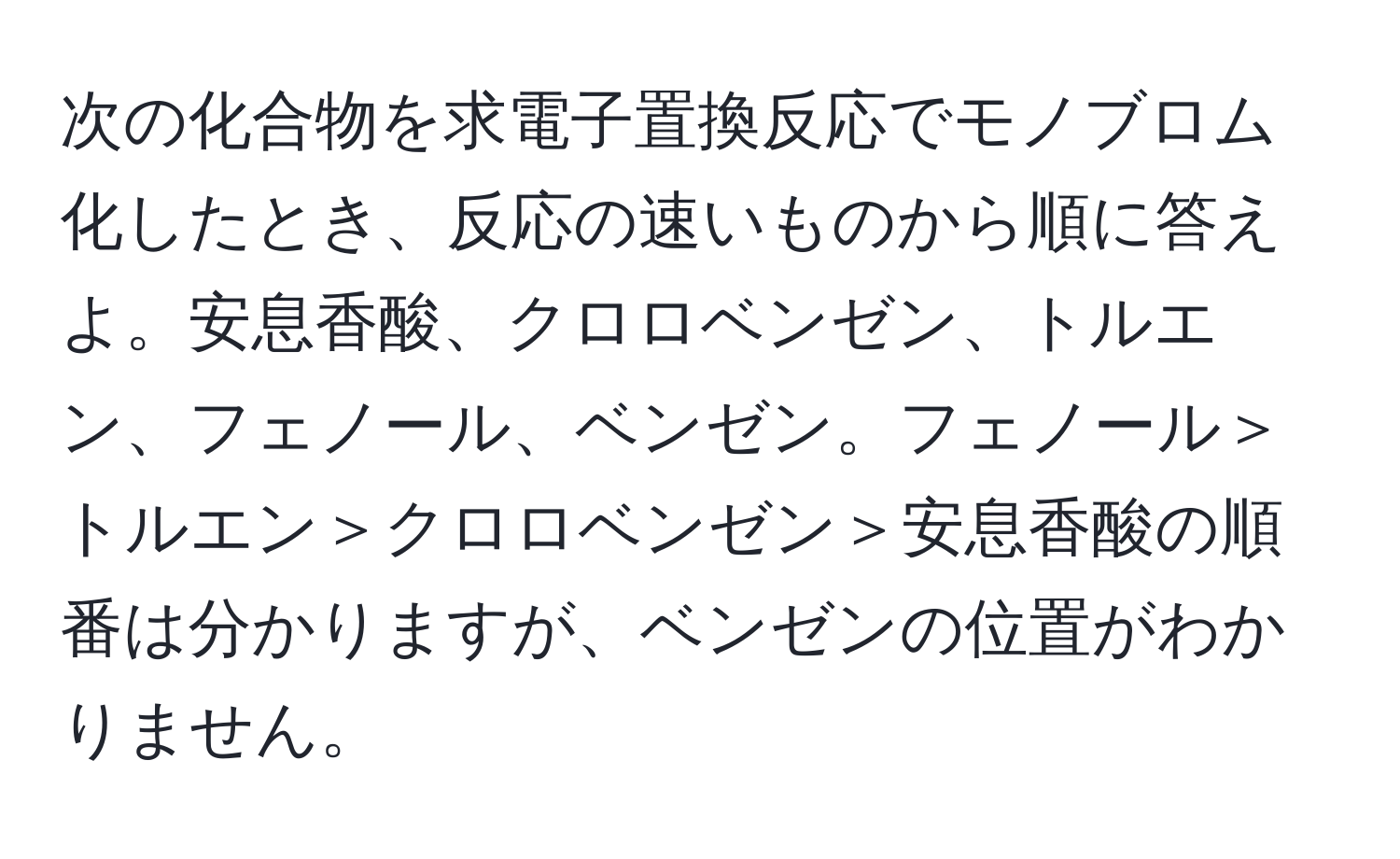 次の化合物を求電子置換反応でモノブロム化したとき、反応の速いものから順に答えよ。安息香酸、クロロベンゼン、トルエン、フェノール、ベンゼン。フェノール＞トルエン＞クロロベンゼン＞安息香酸の順番は分かりますが、ベンゼンの位置がわかりません。