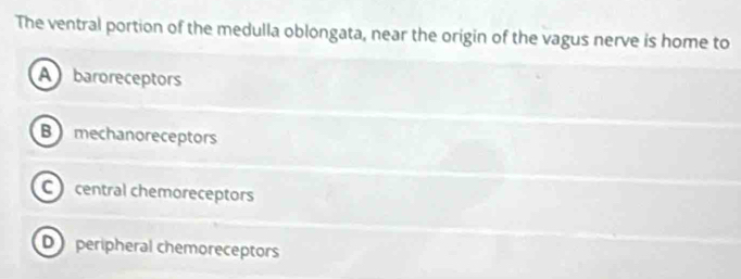 The ventral portion of the medulla oblongata, near the origin of the vagus nerve is home to
A baroreceptors
B mechanoreceptors
C central chemoreceptors
D peripheral chemoreceptors