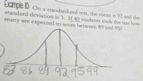 Example 10: On a standardized test, the mean is 92 and the 
standard deviation is 3. If 40 students took the test how 
many are expected to score betwee