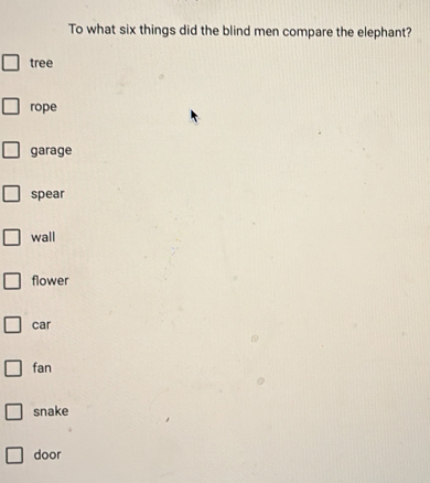 To what six things did the blind men compare the elephant?
tree
rope
garage
spear
wall
flower
car
fan
snake
door