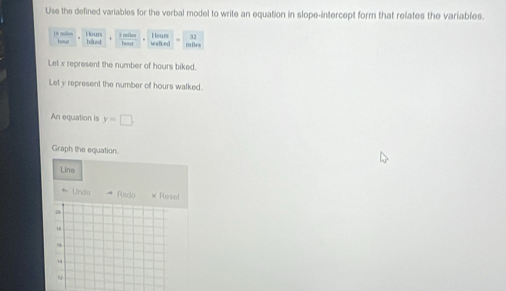 Use the defined variables for the verbal model to write an equation in slope-intercept form that relates the variables.
32
16 miles Hours milea
hour biked
Let x represent the number of hours biked.
Let y represent the number of hours walked.
An equation is y=□. 
Graph the equation.
Line
Undo Redo Rese!

20
18
16
54