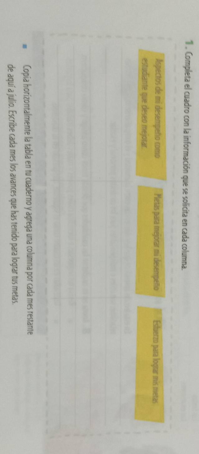 1 . Completa el cuadro con la información que se solicita en cada columna. 
Copia horizontalmente la tabla en tu cuaderno y agrega una columna por cada mes restante 
de aquí a julio. Escríbe cada mes los avances que has tenido para lograr tus metas.