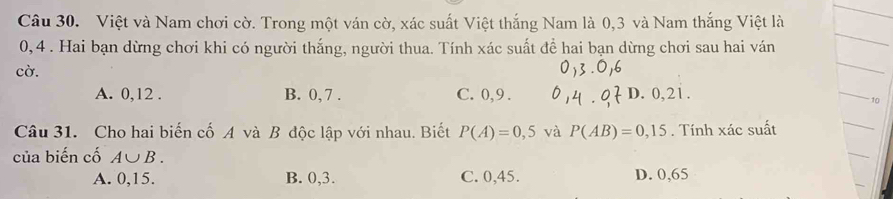 Việt và Nam chơi cờ. Trong một ván cờ, xác suất Việt thắng Nam là 0, 3 và Nam thắng Việt là
0, 4. Hai bạn dừng chơi khi có người thắng, người thua. Tính xác suất để hai bạn dừng chơi sau hai ván
cờ.
A. 0, 12. B. 0, 7. C. 0, 9. D. 0, 21.
10
Câu 31. Cho hai biến cố A và B độc lập với nhau. Biết P(A)=0,5 và P(AB)=0,15. Tính xác suất
của biến cố A∪ B.
A. 0, 15. B. 0, 3. C. 0,45. D. 0,65