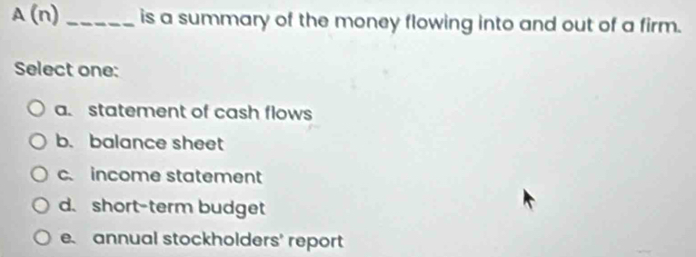 A(n) _is a summary of the money flowing into and out of a firm.
Select one:
a. statement of cash flows
b. balance sheet
c. income statement
d. short-term budget
e annual stockholders' report