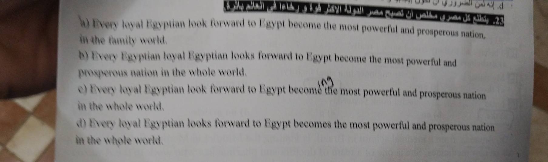 a) Every loyal Egyptian look forward to Egypt become the most powerful and prosperous nation
in the family world.
b) Every Egyptian loyal Egyptian looks forward to Egypt become the most powerful and
prosperous nation in the whole world.
c) Every loyal Egyptian look forward to Egypt become the most powerful and prosperous nation
in the whole world.
d) Every loyal Egyptian looks forward to Egypt becomes the most powerful and prosperous nation
in the whole world.