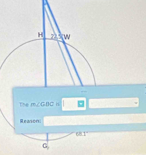 The m∠ GBC is v 
Reason:
68.1°
G