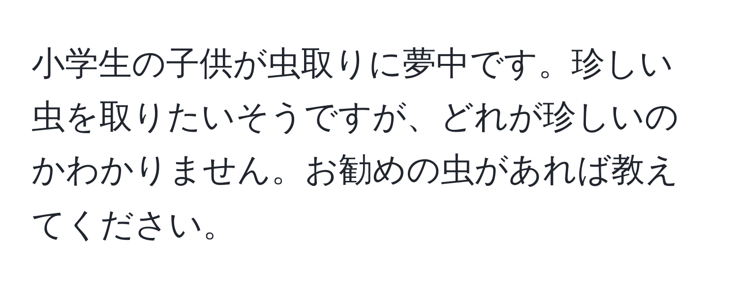 小学生の子供が虫取りに夢中です。珍しい虫を取りたいそうですが、どれが珍しいのかわかりません。お勧めの虫があれば教えてください。